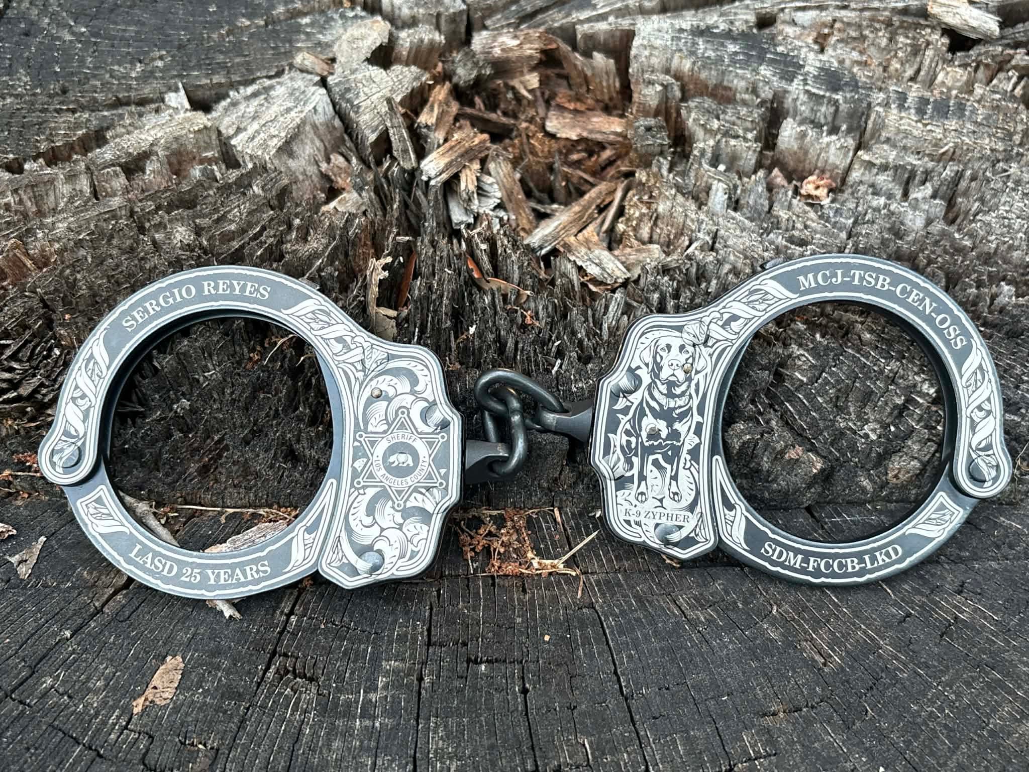 9003- Peerless custom engraved handcuffs finished product