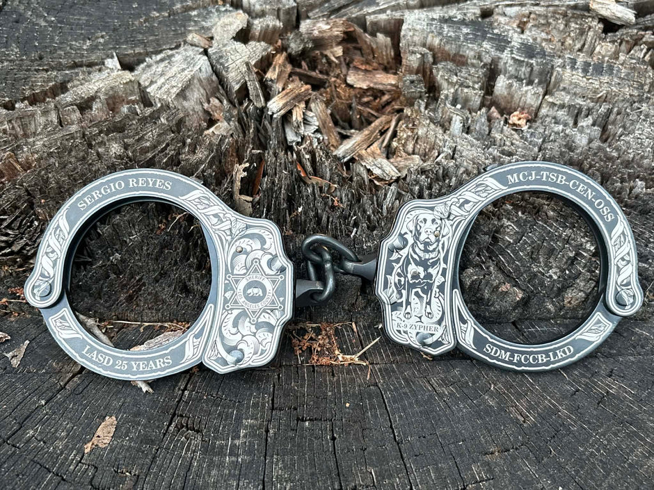 9003- Peerless custom engraved handcuffs finished product