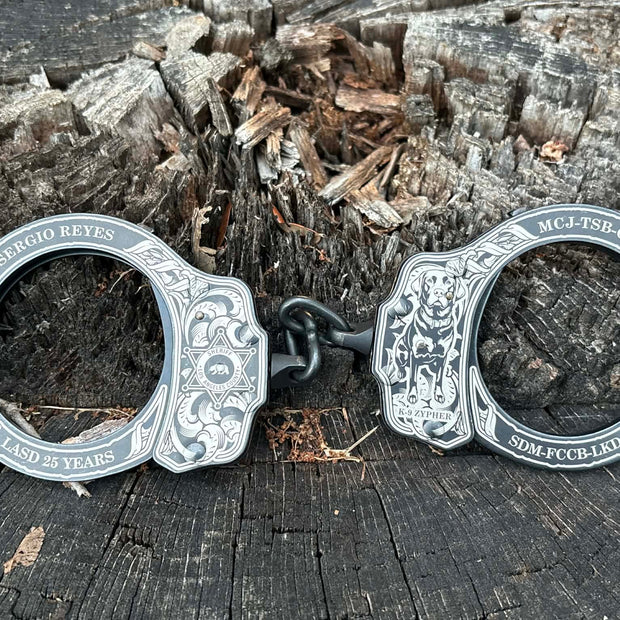 9003- Peerless custom engraved handcuffs finished product