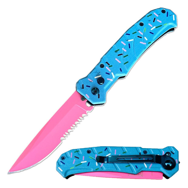 2024- 4.5" Closed Pink Blade Switch Blade Automatic Knife - Blue Sprinkles