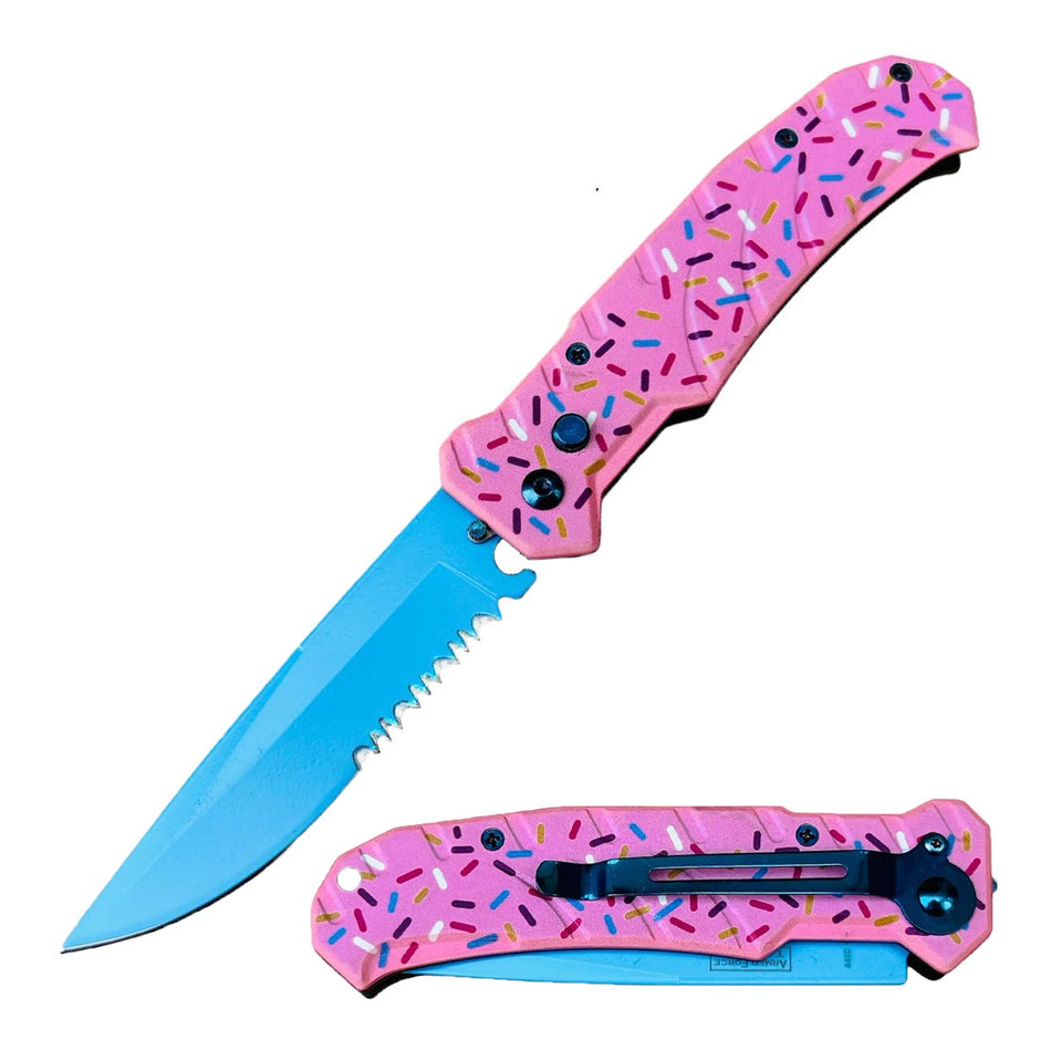 2007- 4.5" Closed Blue Blade Switch Blade Automatic Knife - Pink Sprinkles