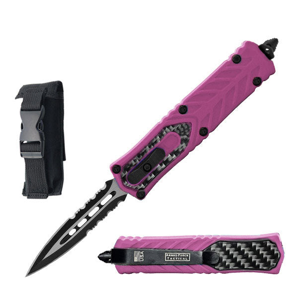 1018-7" Dagger Point Serrated Blade with Orchid Carbon Fiber Handle OTF Knife