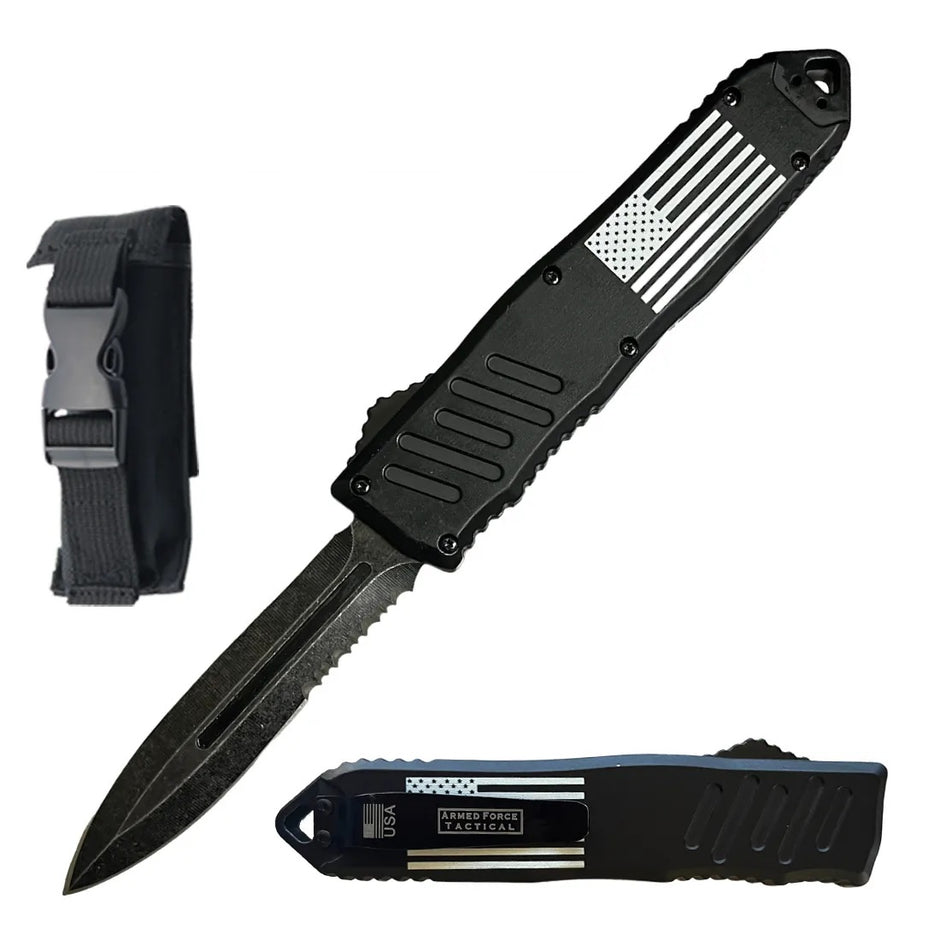 1022-9" Havoc Military USA Flag Black OTF Dual Action Automatic Knife