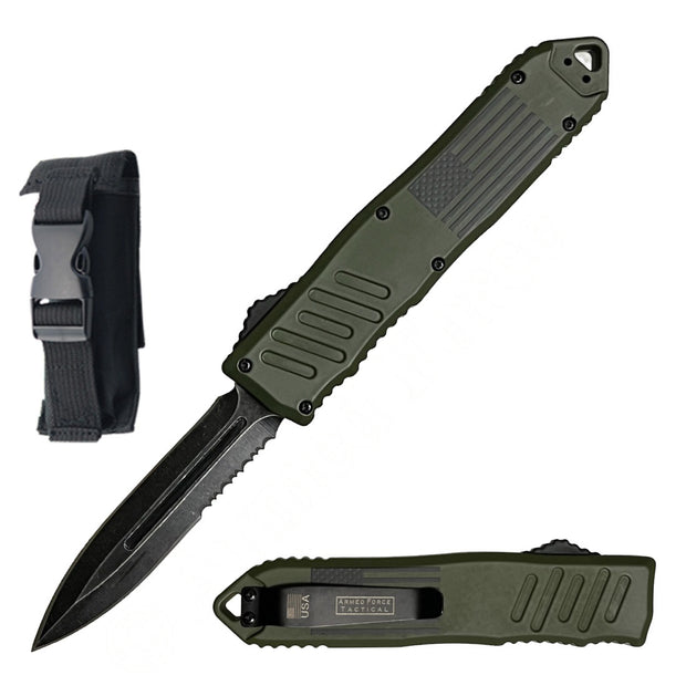 1014- 9" American Flag Army Green OTF Dual Action Automatic Knife