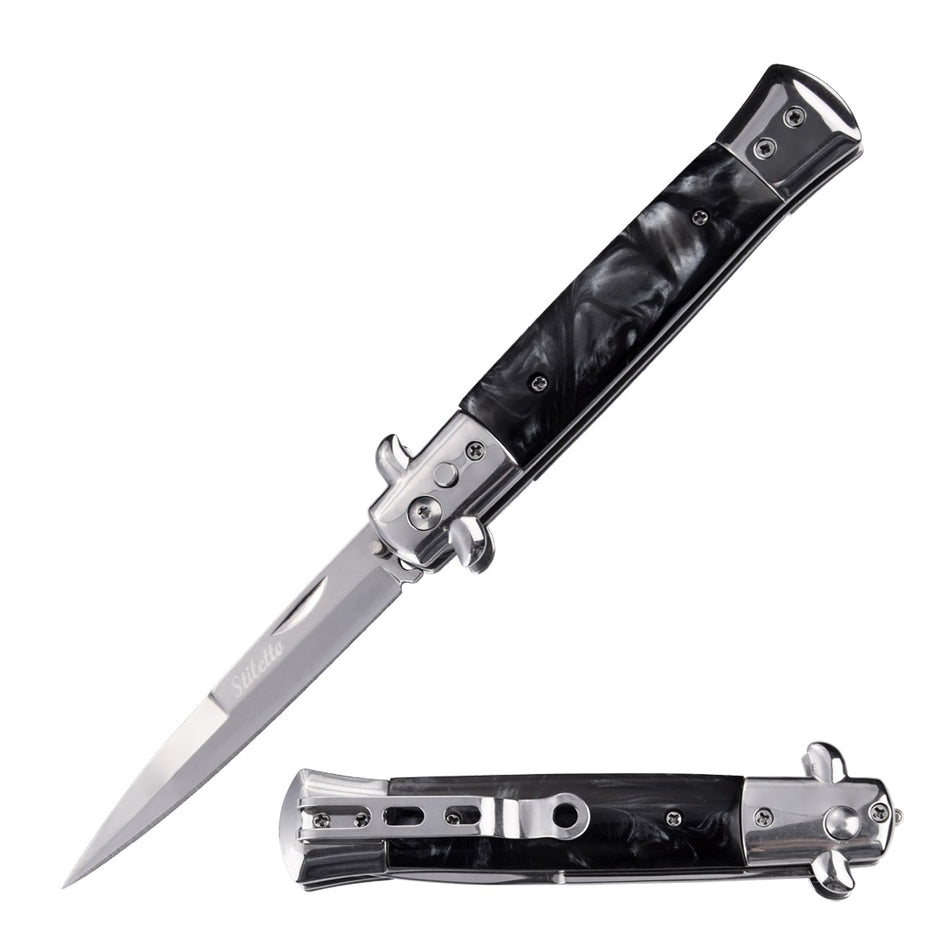 2027-5" Closed Classic Stiletto Automatic Knife - Black Pearl Handle