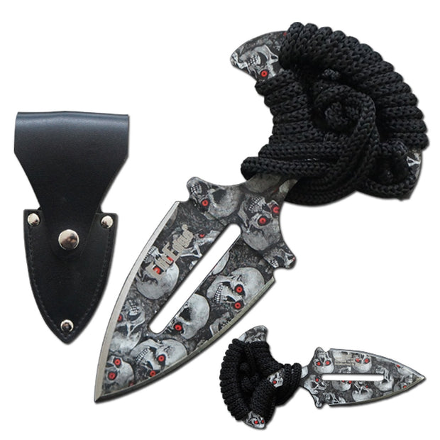 10001-Grey Skulls Push Dagger Knife with Black Corded Grip