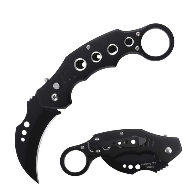 2031-5" Closed Switch Blade Karambit Knife With Finger Ring - Black