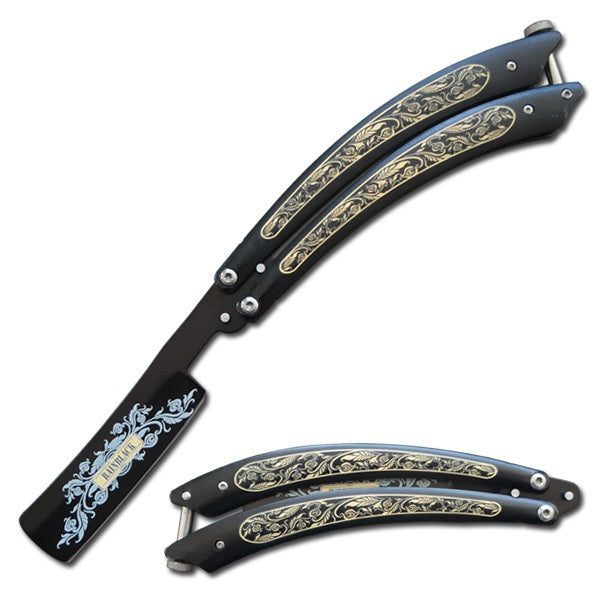 3018-Modern Black Gentlemans Straight Razor Butterfly Knife