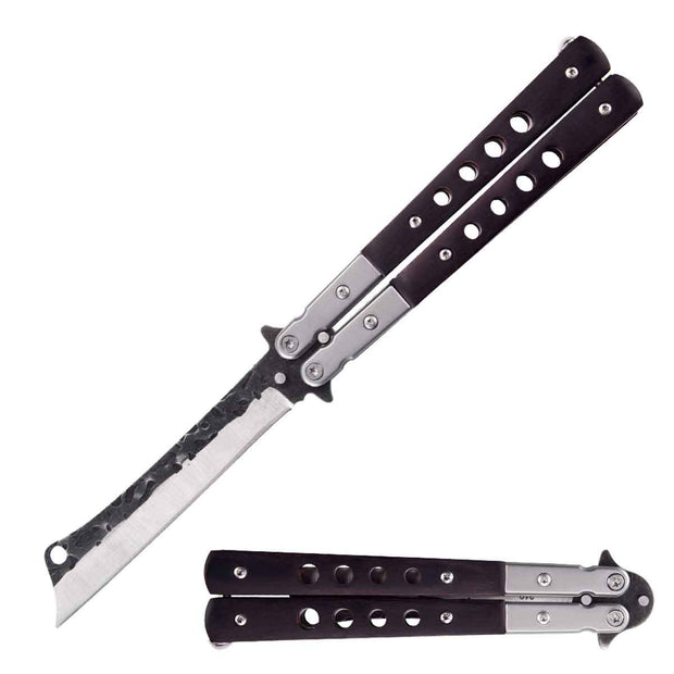 3010- Cleaver Blade Butterfly Knife Black Wood Handle 5" Closed Length