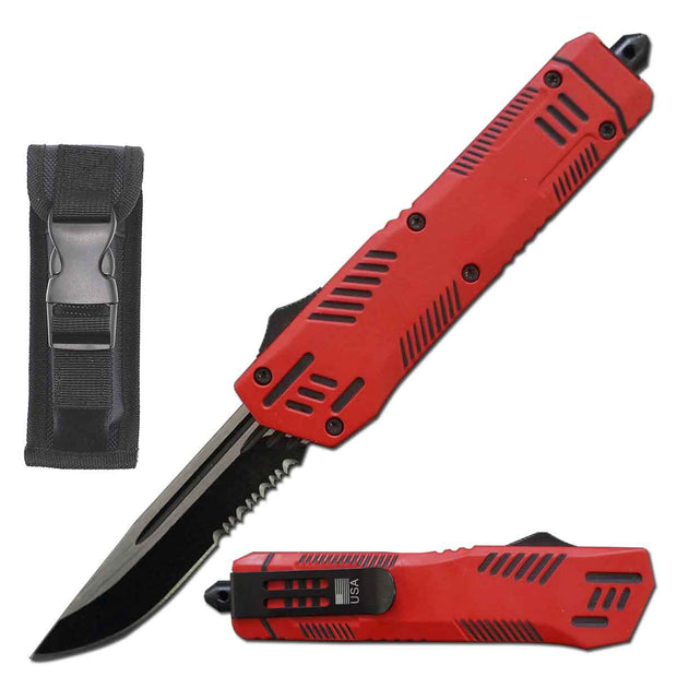 1013- 9" Automatic Dual Action Red Pitbull OTF Serrated Blade Knife