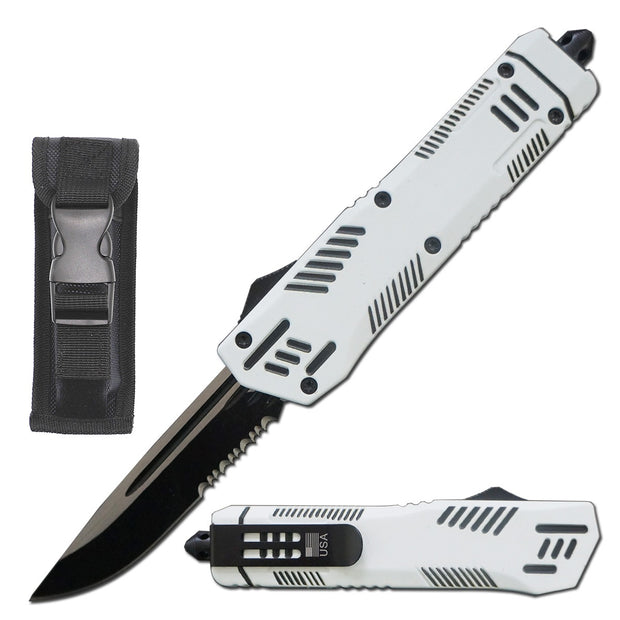 1027-9" Automatic Dual Action White Pitbull OTF Serrated Blade Knife