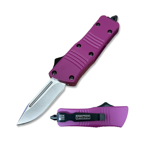 1004- 5.5" Wasp Mini Purple Automatic OTF Knife Drop Point Blade