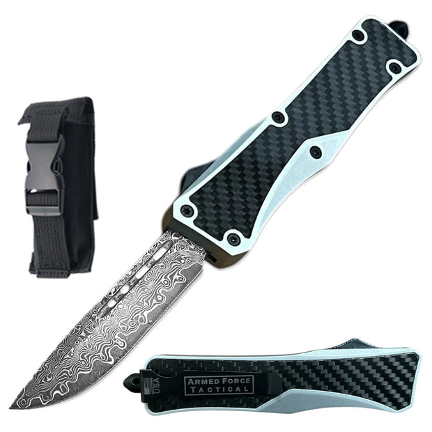 1031-9.75" Damascus Steel Blade Automatic OTF Knife Silver Carbon Fiber