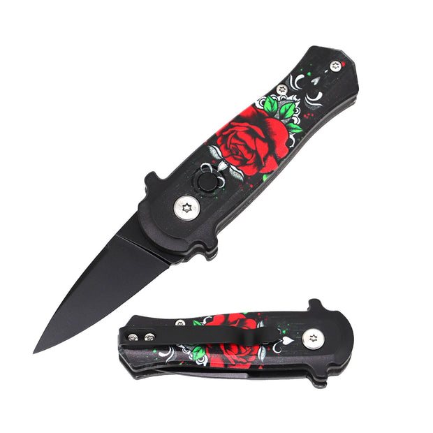 2003- 3.25" Closed Red Rose CNC Aluminum Handle Mini Auto Switch Blade Knife