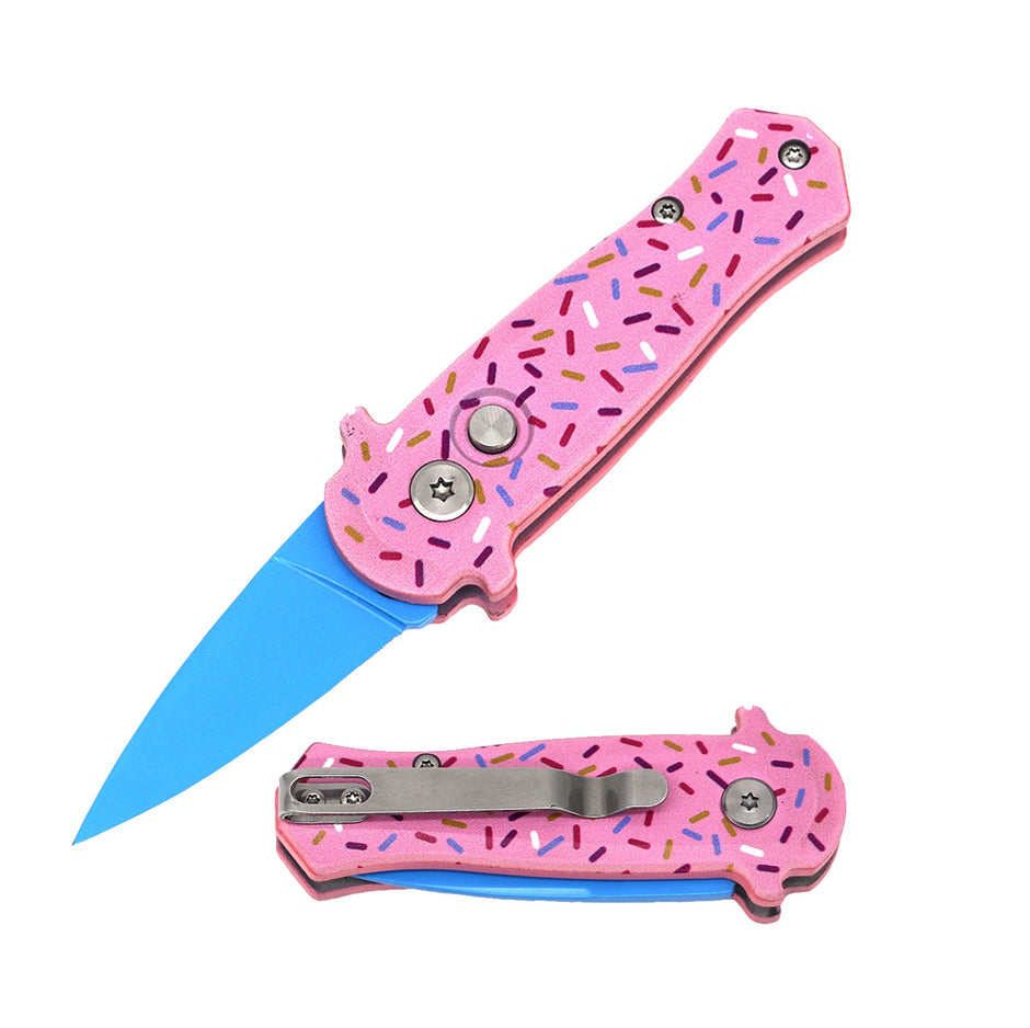 2002- 3.25" Closed Pink Sprinkles CNC Aluminum Handle Mini Auto Switch Blade Knife