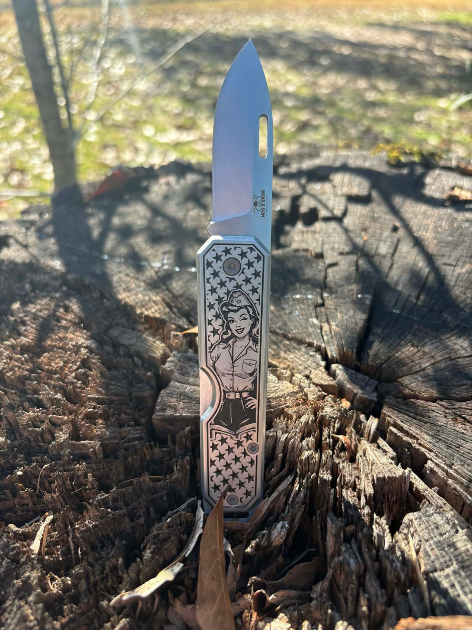 7011-Custom engraved Bear & Son Large Slip Joint Pocket Knife - Pin Up Girl