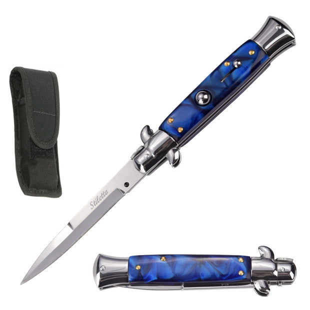 2021-8.75" Italian Stiletto Automatic Knife Blue Marble Handle