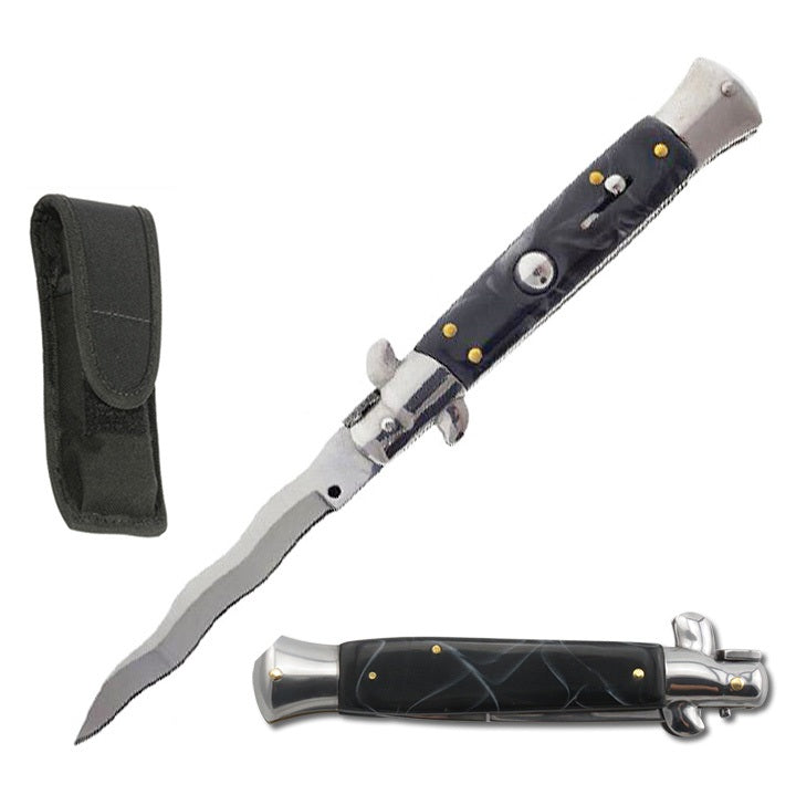 2015- 9" Black Marble Italian Stiletto Switch Kris Blade Pocket Knife