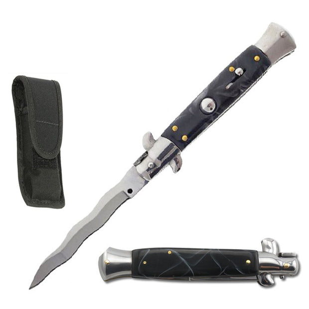 2015- 9" Black Marble Italian Stiletto Switch Kris Blade Pocket Knife