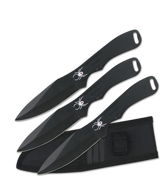 5001- 3 Piece 8" Black Stainless Steel Throwing Knife Set with Spider Design