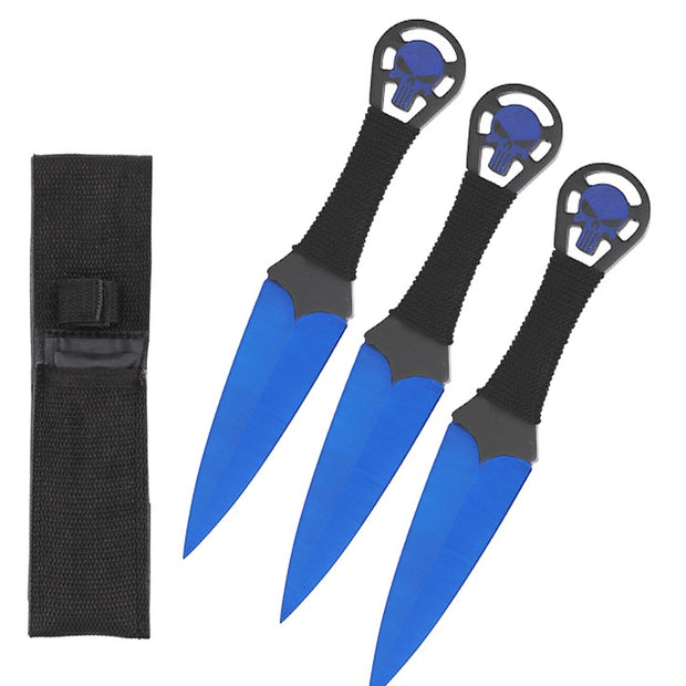 5007-9 Inch Blue Punisher Skull Throwing Knives 3 Pc Set